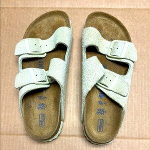 Birkenstock Arizona Soft Footbed Suede Sandal In Fuzzy Suede Lime Green Size 36